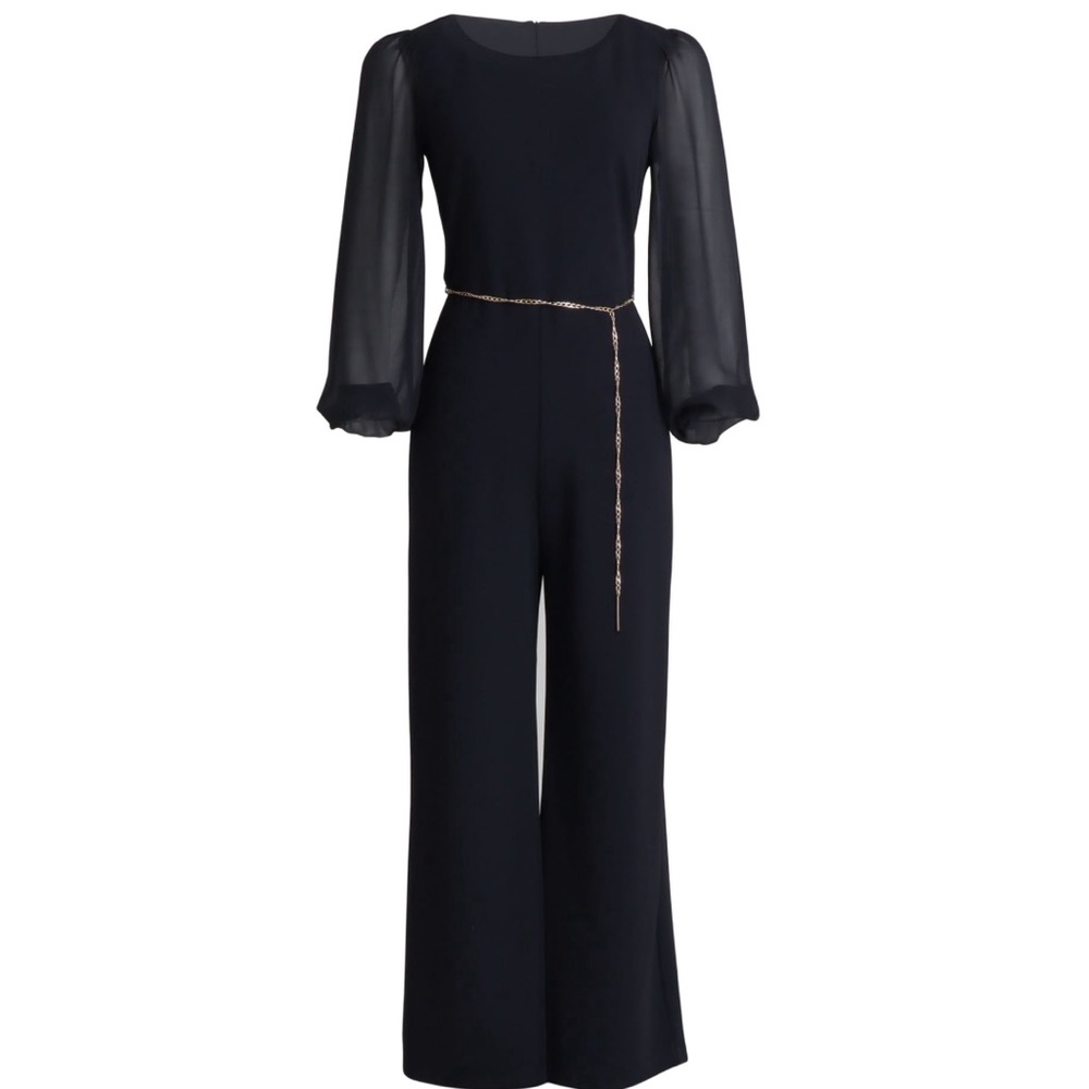 Black Sheer Chain Belt Long Sleeve Wide Leg Jumpsuit; size 4; NWT